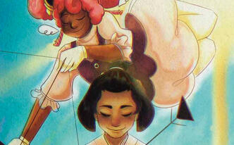 A character in traditional Japanese clothing stands clutching an arrow and love letter in front of another character descending from the skies like cupid who is wielding a bow and arrow. The second character has dark brown skin and pink afro puffs. Both ha
