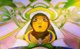 A hijabi with an elaborate gown and veil stands before a mural, gazing down upon the viewer imposingly.