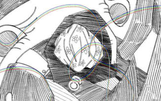 A black and white being with hatched shading is surrounded by swirling fabric and chromatic aberration.