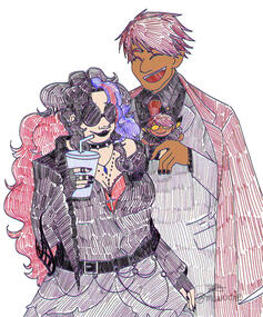 An image of @lorddiavolo22's (Tumblr) OC, Eve, with Diavolo from the otome game "Obey Me". Eve has long tri-colored hair and emo clothing. He and Diavolo are returning from the carnival, and Diavolo is holding a plush of himself. Both are smiling.