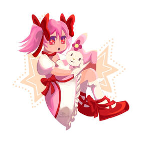 A digital drawing of Madoka Kaname from Madoka Magica holding My Melody. There are 2 stars behind her with dots bordering them.