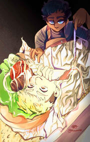 A digital drawing of Laios Touden and Kabru from the anime Dungeon Meshi. Kabru has a scalpel and is cutting into the foil covering Laios. Laios is wrapped inside of a gyro, peering back at Kabru.