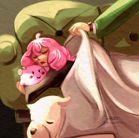 A digital painting of Anya Forger from the anime spy x family. She is sleeping on a green couch and holding a Kirby plushie. Loid Forger's arm can be seen putting a blanket over her, and Bond is also sleeping in front of the couch on the ground.