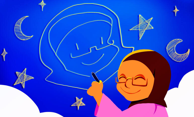 A smiling hijabi draws a picture of themself in the sky with a pen, along with the moon and stars.